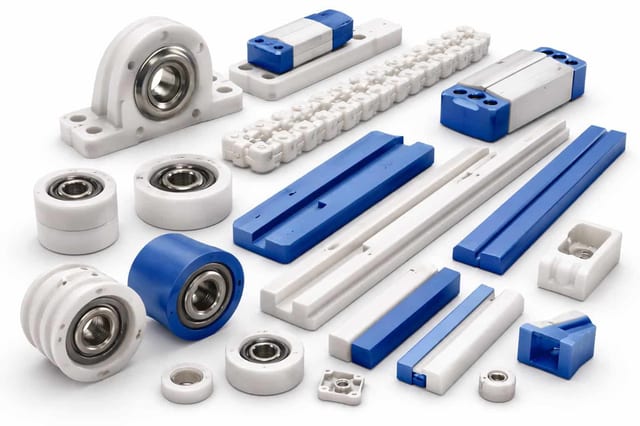 Industrial plastic components on white backdrop